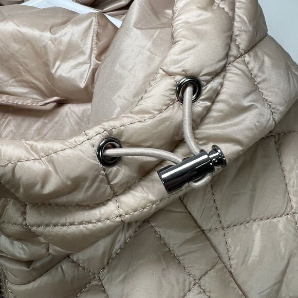 BCBG Maxazria Full Zip Quilted Puffer Jacket Womens Large Metallic Tan Hooded - Picture 7 of 16